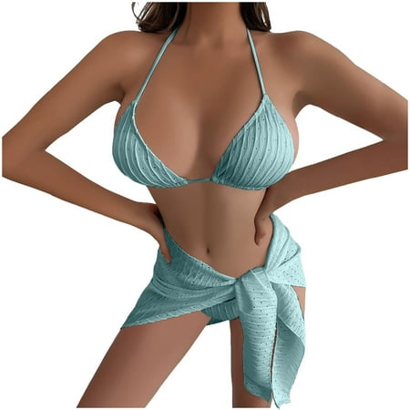 Summer Savings Fatuov Summer Womens 3-Piece Bikini Swimsuit Sets Sexy Halter Bras String Low Rise Triangle Thong Sets with Cover-up Wrap Skirt High-Waisted Bikinis Mint Green