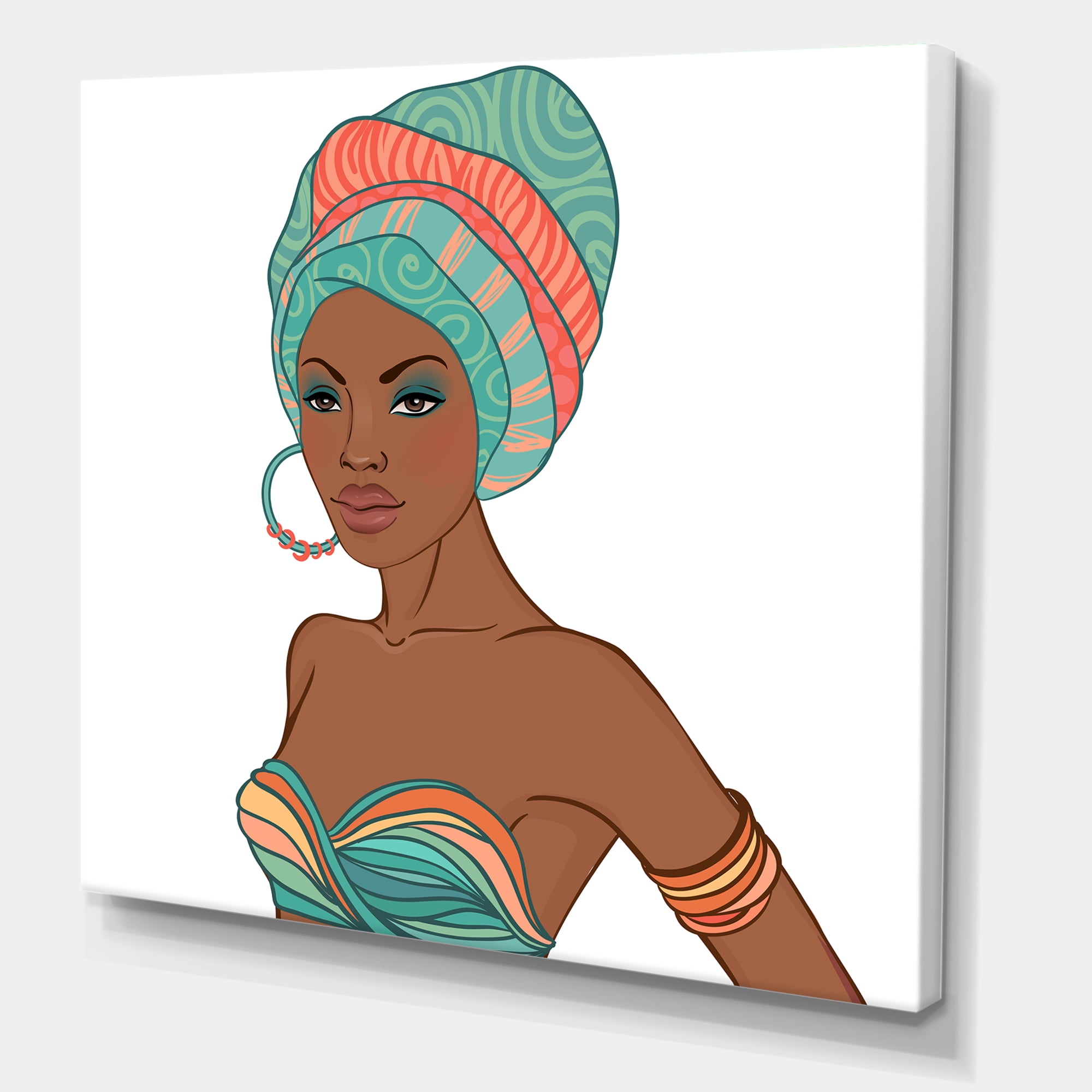 Designart ' African American Woman With Turban and Earring ' Modern Canvas Wall Art Print