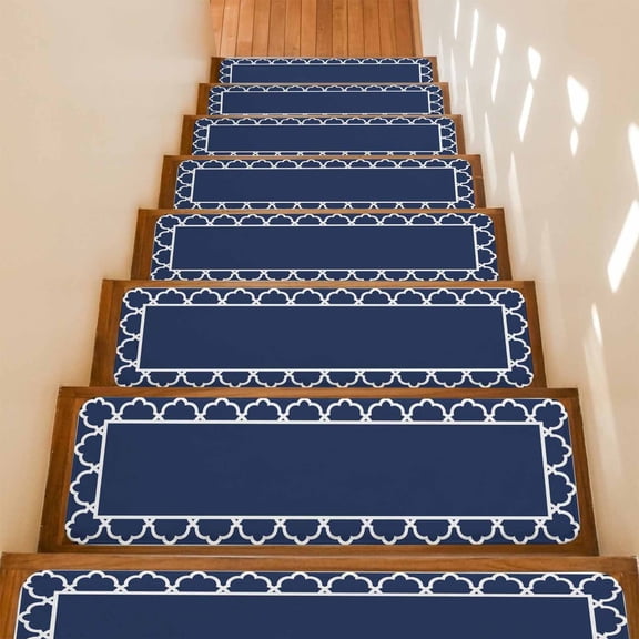 Navy Blue Non-Slip Stair Treads for Wooden Steps, 10 Pack 8x30 Inches Carpet Stair Mats with Adhesive Backing, Noise-Reducing Step Covers for Indoor Stairs, Easy to Install & Residue-Free