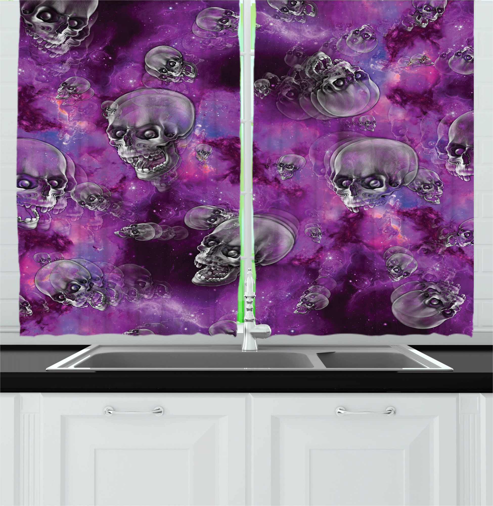 Skull Kitchen Curtains, Horror Movie Thirller Themed Flying Skull Heads