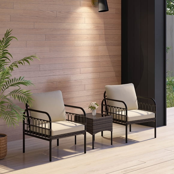 Costway 3 PCS Patio Wicker Furniture Set, Outdoor Conversation Bistro Set with Cushioned Mix Brown + Beige