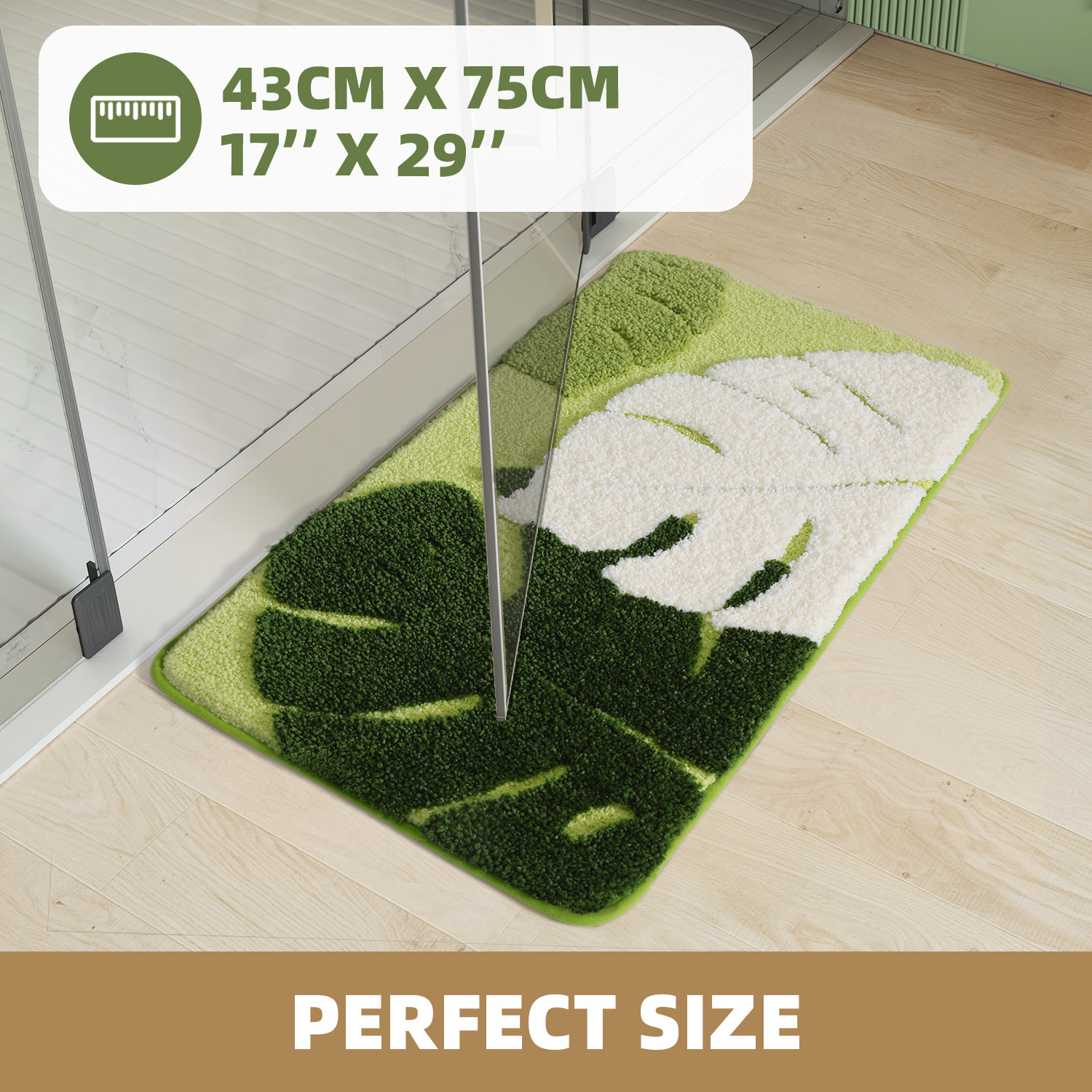 PABUBE Monstera Leaf Bathroom Rug, 17"x29", Cute Green Plush Bath Mat, Fluffy Soft & Absorbent, Non-Slip and Machine Washable Bath Rug for Bathroom Floor