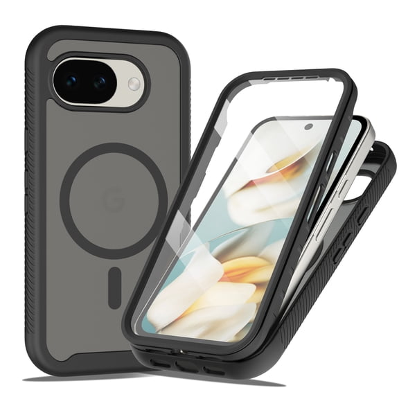 Magnetic Case for Google Pixel 10 /10 Pro, 360° Full-Body Protection, Built-in Screen Protector, Translucent Rugged Phone Case with Magnetic Ring, Military-Grade Shockproof Protective Cover, Black