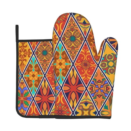 

Oven Gloves Hot Pads For Kitchen Decor Beautiful Patchwork And In Rhombus Heat Resistant 2pcs For Cooking Baking Bbq