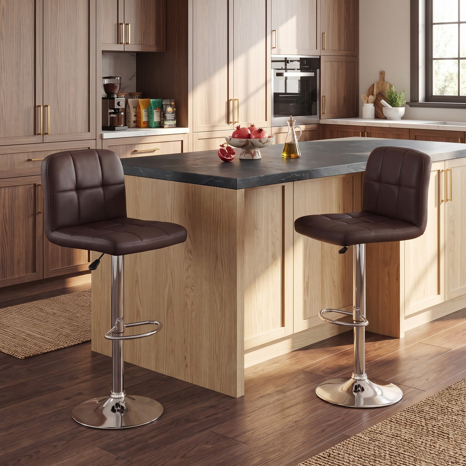 Furnibear Swivel Bar Stools Set of 2, 24-32 Inch Adjustable Height Counter Height Barstools with Footrest, 360 Degree Swivel Faux Leather Padded Kitchen Island, Brown