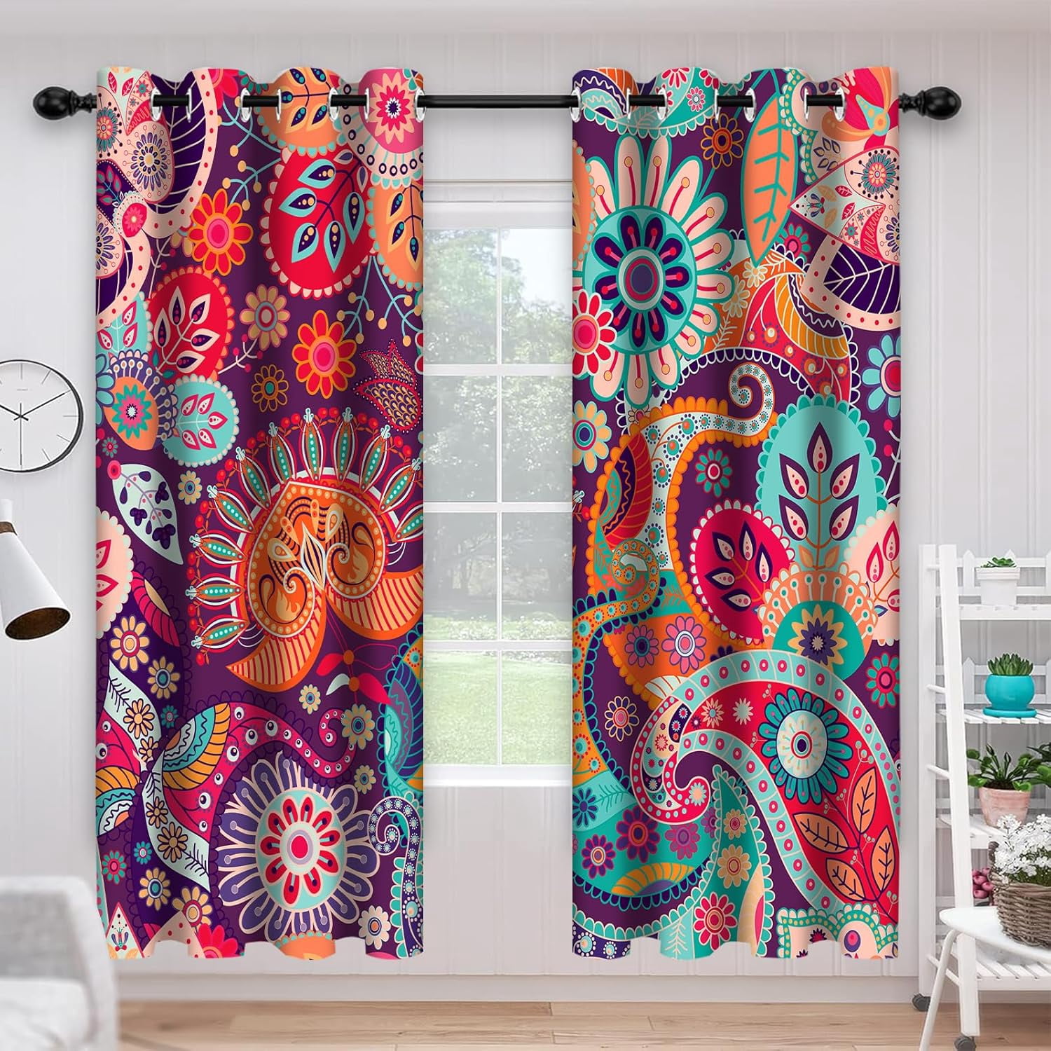 Boho Floral Blackout Window Curtains, Colorful Mandala Flower Aesthetic Art Living Room Bedroom Decor Insulated Thermal Curtain Darkening Grommet Window DrapesTreatments, 2 Panels 52x84 Inch