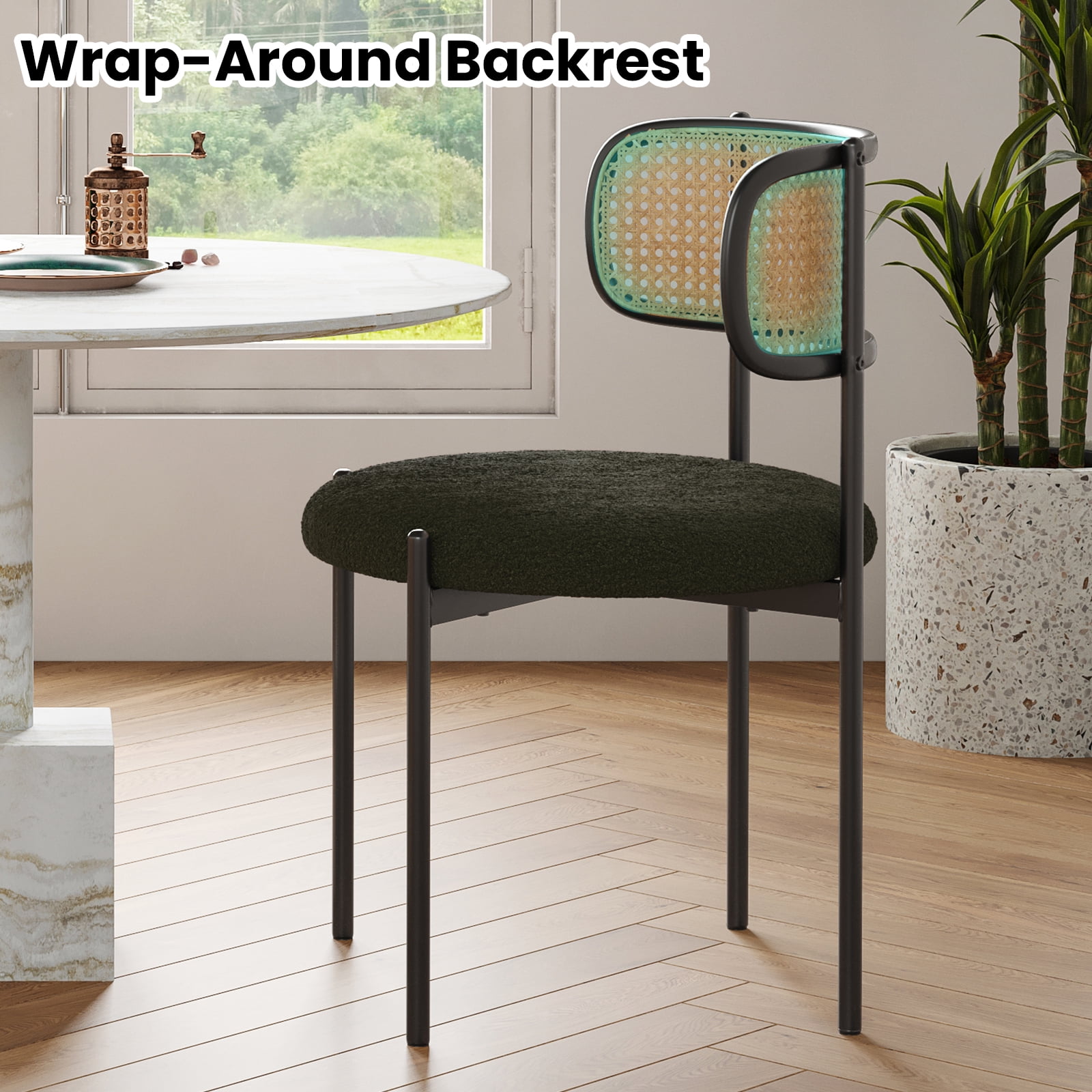 Farini Upholstered Dining Chair Set of 2, Rattan Backrest Kitchen Chair, Green