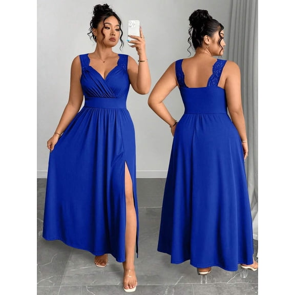 Royal Blue Plus Size V-Neck Lace Spaghetti Strap Maxi Dress With Side Slit