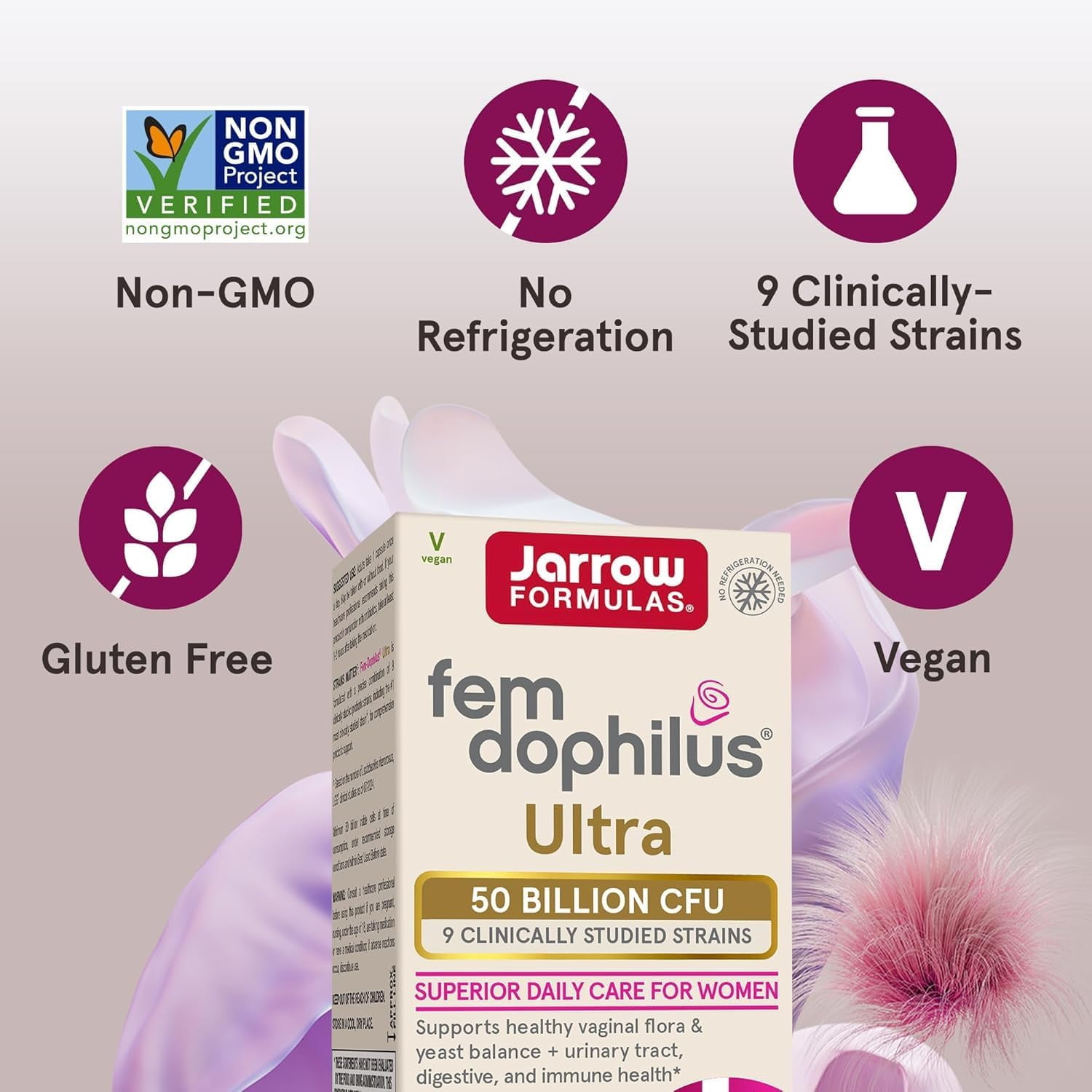 Jarrow Formulas Fem-Dophilus Vaginal & Digestive Probiotic 50 Billion CFU, 9 Clinically-Studied Strains, for Vaginal Flora & Yeast Balance, Urinary Tract, Digestive, 30 Capsules (Pack of 2)