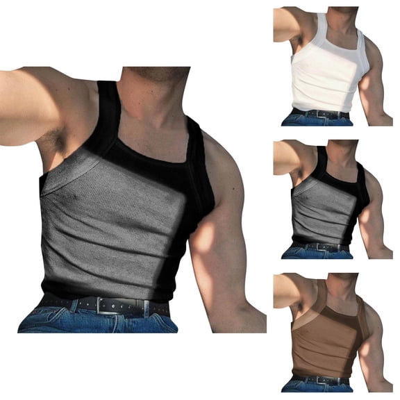 Workout Tank Tops Men Lightweight Breathable Ribbed Knit Square Neck Muscle Sleeveless Shirt Athletic Running Gym Tanks