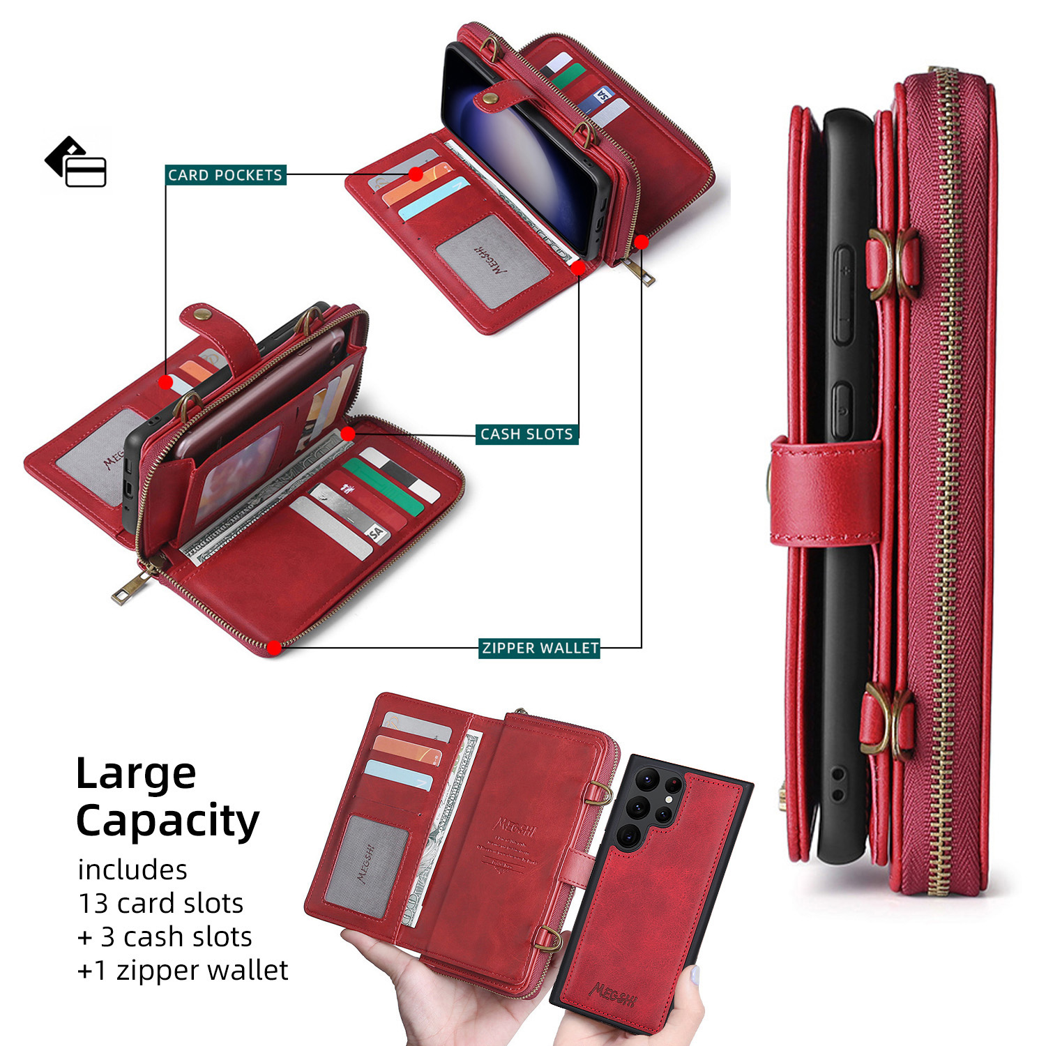 ShieldFlex Wallet Case Compatible with Samsung Galaxy S25 Ultra 5G, 13-Card Holder Soft PU Leather Crossbody Wallet Zipper Pocket Magnetic Detachable Phone Cover Fit for Galaxy S25 Ultra,Red (3 IN 1)