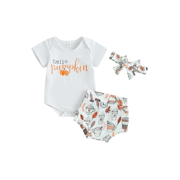 Wassery 3PCS Baby Girl Outfits Set Short Sleeve Letters Pumpkin Print Romper  Drinks Print Shorts  Headband Set 3 6 12 18 Months Infant Halloween Clothes