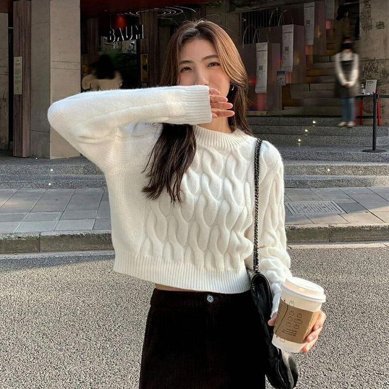 PIKADINGNIS Korean Style Short Knit Sweater Women Solid Color Soft Long  Sleeve Knitwears Woman All-Match O-Neck Knitted Pullover 