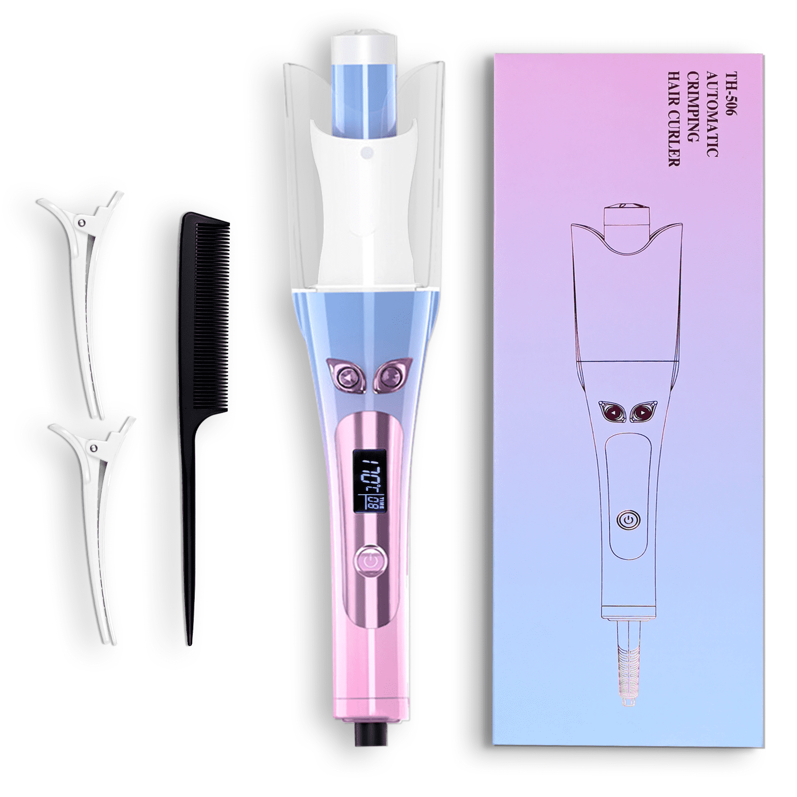 Automatic Hair Curling Wand Set - Gradient Color, Plastic-Ceramic-Metal Build, 13.97X4.72X2.48 Inch, with Comb & 2 Clips