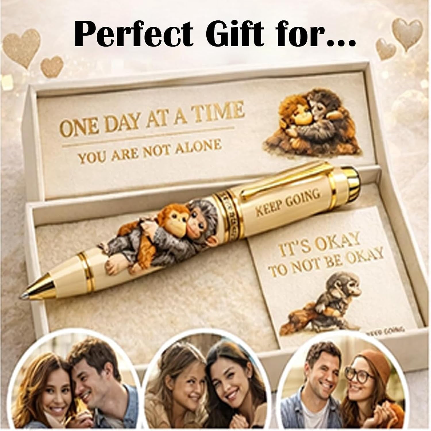 Inspirational Monkey Pen Set with Encouragement Card – Cute Metal Pen with “One Day at a Time” Message, Motivational Gift for Animal Lovers in Gift Box