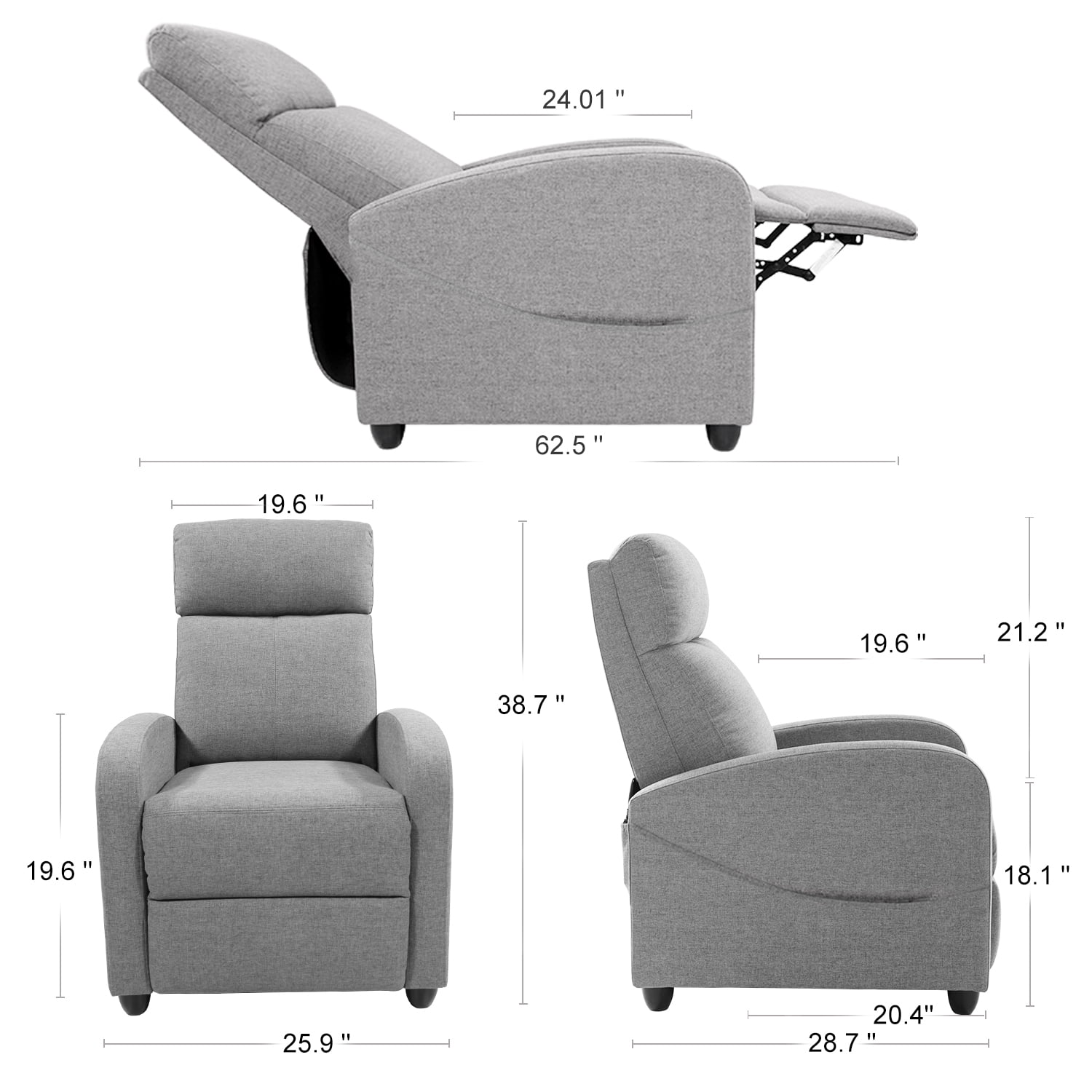 MCQ Recliner Sofa with Vibration Massage, Adjustable Footrest Chair for Lounge Bedroom, Gray
