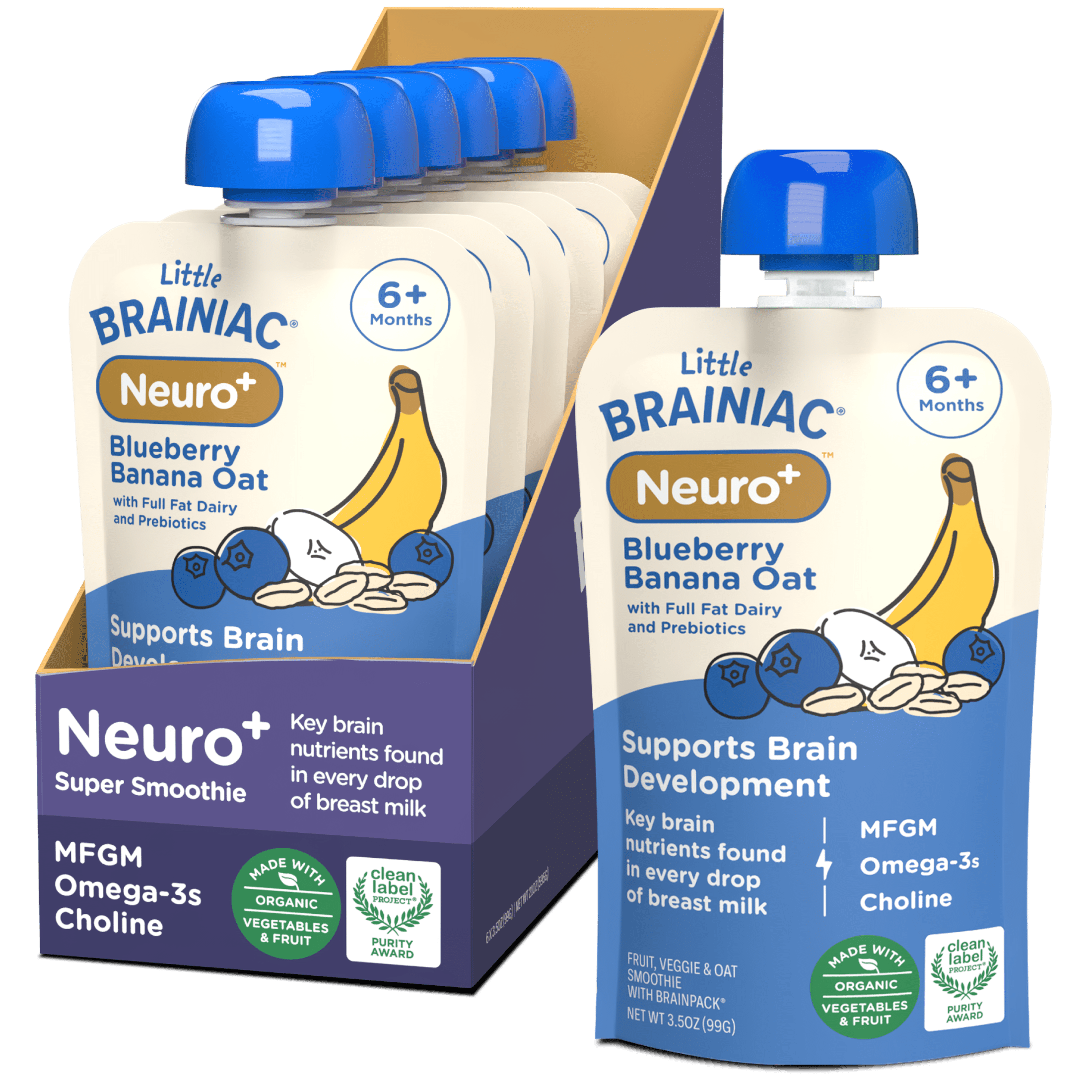 Little Brainiac Neuro+ Smoothie Baby Food Pouch with Omega-3s and Prebiotics, Blueberry Banana Oat, 3.5oz, 6ct