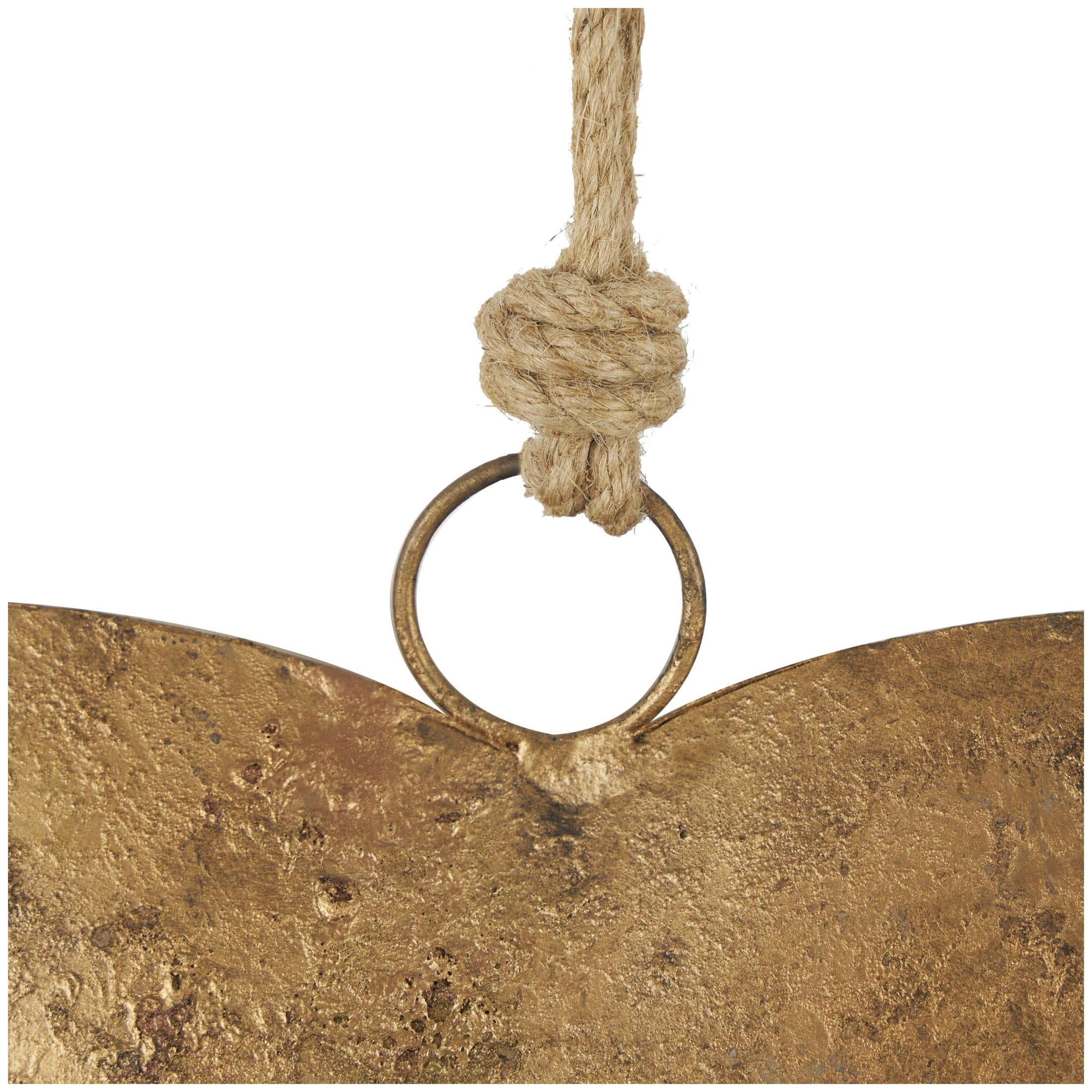 DecMode Tibetan Inspired Gold Metal Heart Decorative Bells with Jute Hanging Rope, 3 Count