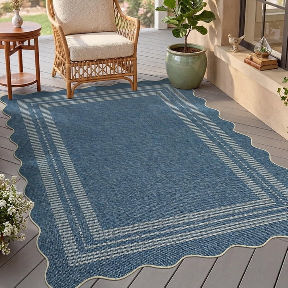 3x5 Easy Jute Area Rug Washable Non Slip Scalloped Edge Entryway Rug Navy Blue