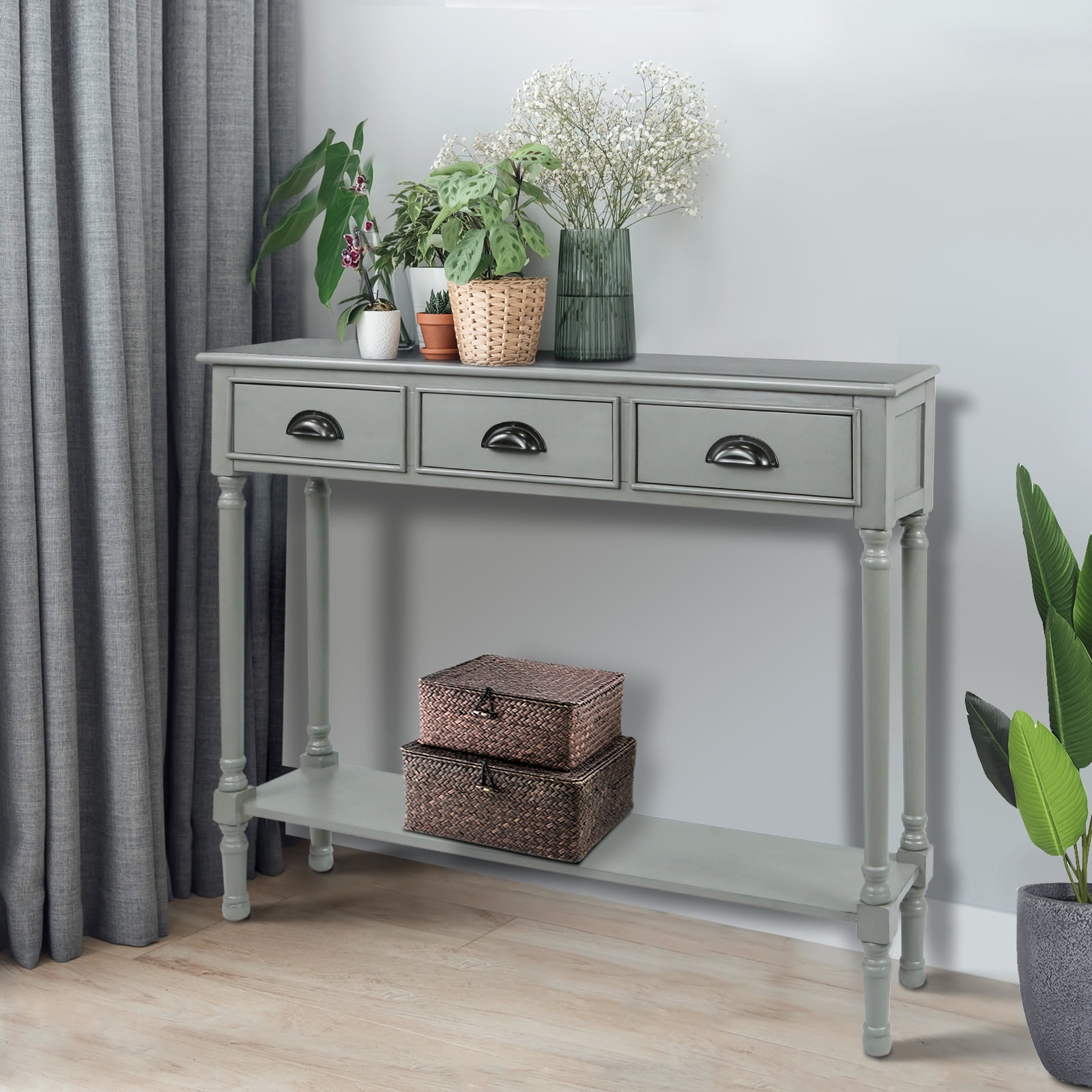Urbanest Burlington Solid Wood Console Table with 3 Drawers & Lower Shelf – Entryway Table, Hallway Sofa Table, Narrow Accent Table for Living Room – 39.5″ × 9.5″ × 32″ – Vendee Gray Farmhouse Decor