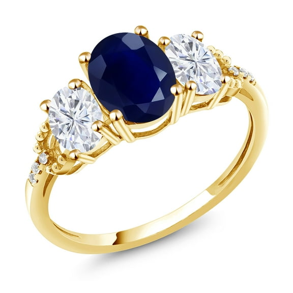 Gem Stone King 2.84 Cttw 10K Yellow Gold Blue Sapphire White Moissanite and Diamond 3-Stone Engagement Ring | Gemstone Birthstone | Three Stone Wedding Anniversary Promise Ring for Women (Size 7)