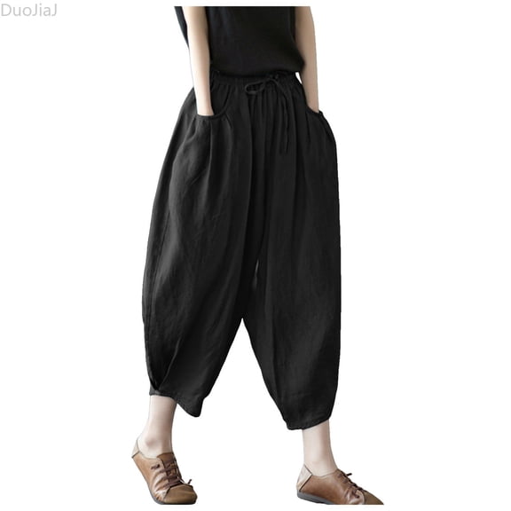 DuoJiaJ Pants Waist Elastic Band Balloon Linen Loose Casual Women Summer Women Casual Pants Black L