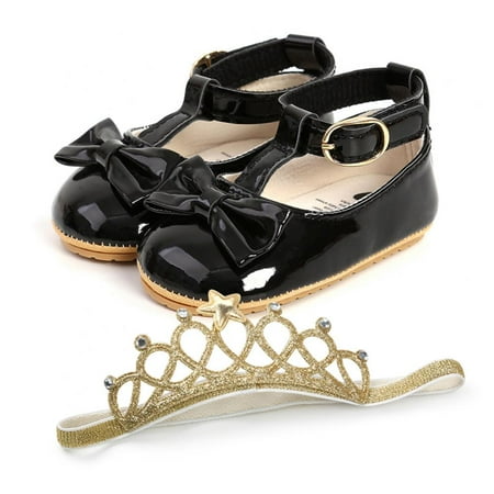 

Girls Lace Crown Headband Leather Bow Princess Shoes First Walkers Birthday Mary Jane Prewalker 0-18M
