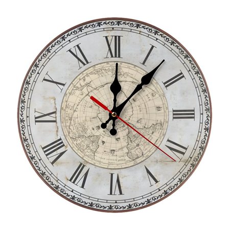 Antique World Map Dial Classic Circular Wood Hanging Clock, Complete Mounting Hardware Bedroom