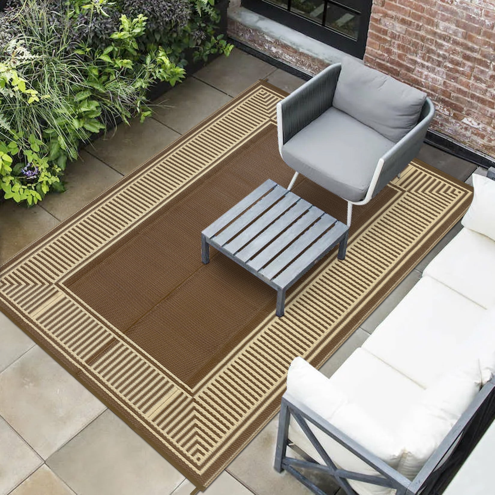 HIWEAVER 10' x 14' Brown Outdoor Rug PP Plastic Straw Woven Waterproof Patio Rug with Border Portable Outside Carpet for Balcony Deck Picnic Garden Decor