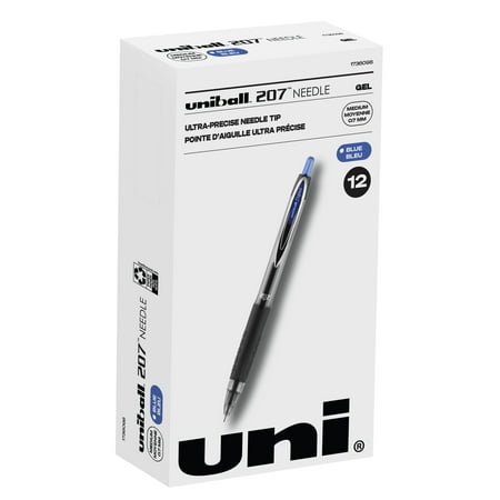 Uniball 207 Needle Retractable Gel Pens Medium Point (0.7mm) Blue Ink 12 Count