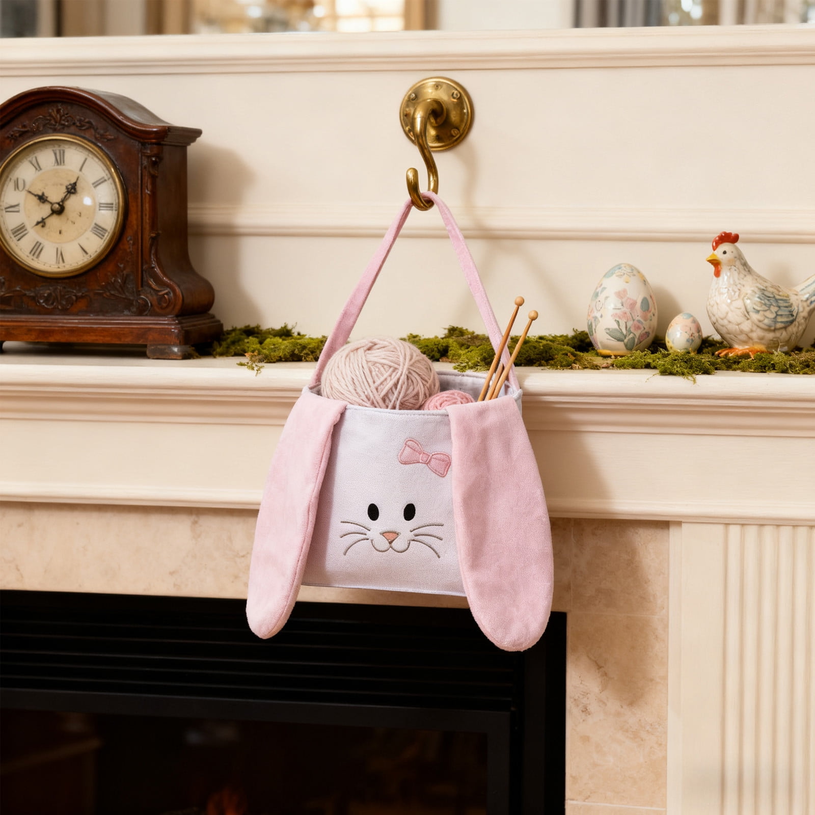 ToyKingdee Easter Basket Easter Bunny Basket, Cute Fluffy Bag with Foldable Ears, Plush Rabbit Tote Bags for Easter Egg Hunts Decorations Candy Gifts Storage