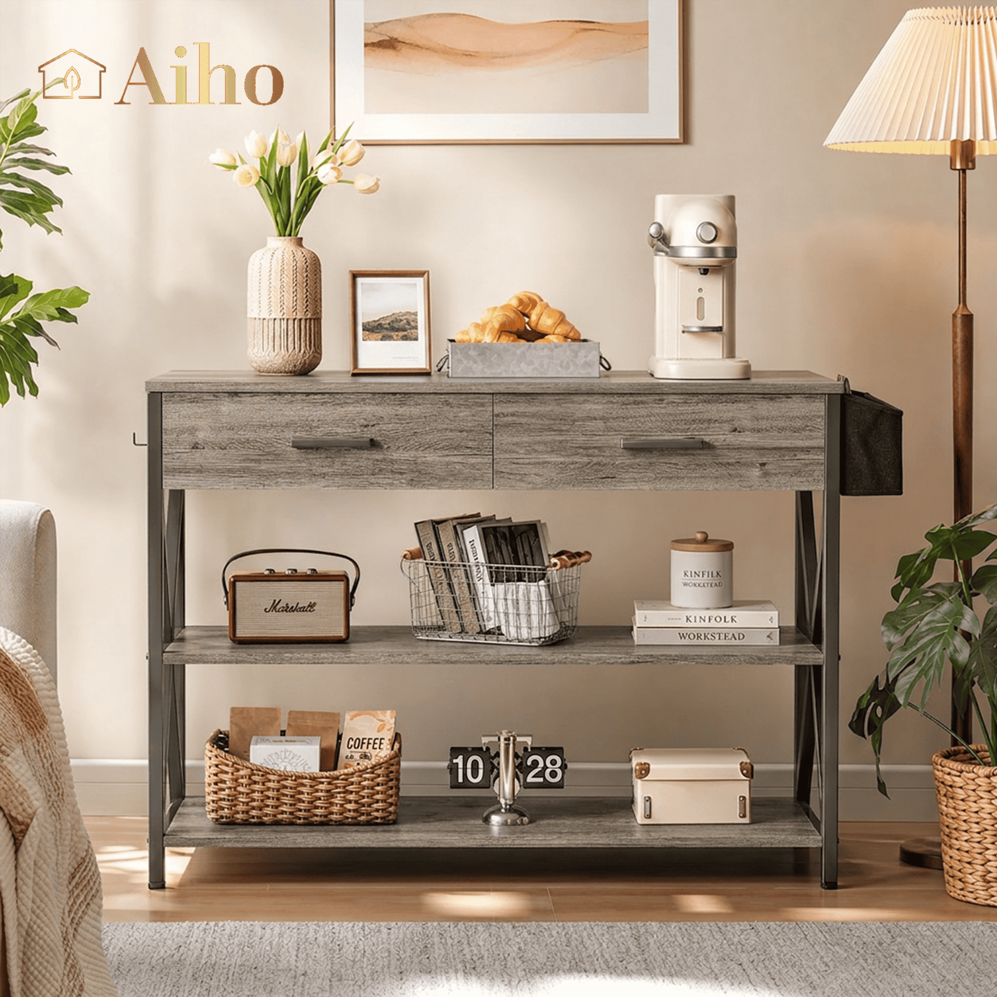 Aiho 39" Entryway Table with 2 Drawers, Modern Console Table with 3 Tier Storage Shelves, Sofa Table for Livingroom, Entruway, Small Spaces, Gray