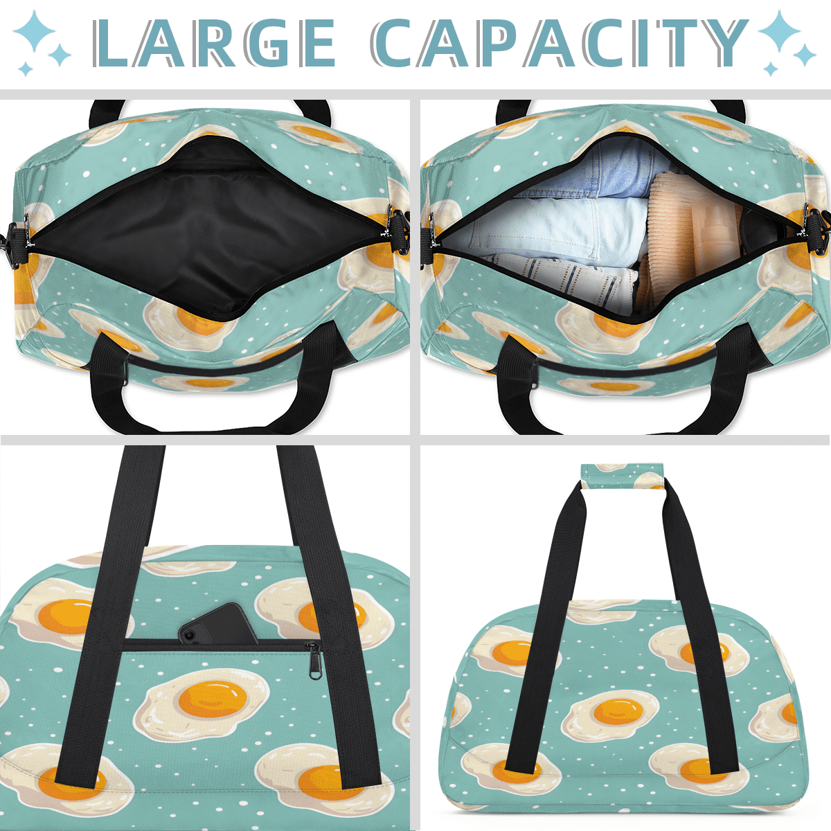 Herdesigns Cute Sports Duffle Bag for Women & Men, Eggs Gym Bag Dance Bag Overnight Bag Carry On Weekender Travel Bag