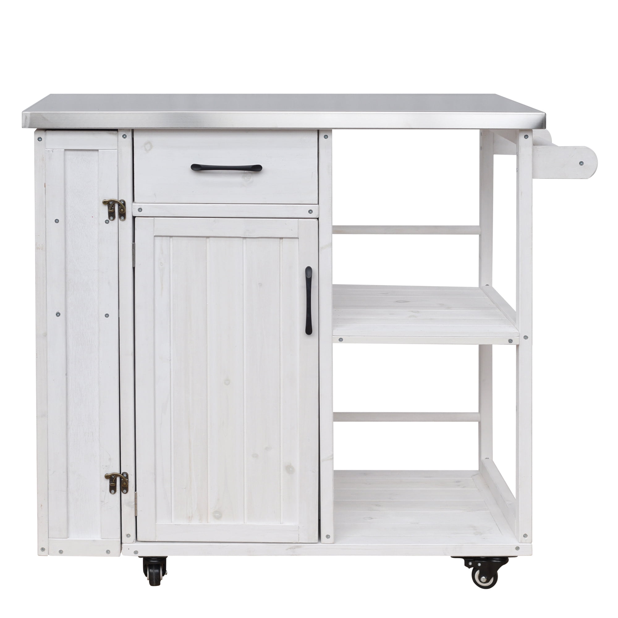 Fir Wood Kitchen Prep Station, Lockable Outdoor Cart with Stainless Steel Top for Patio, White