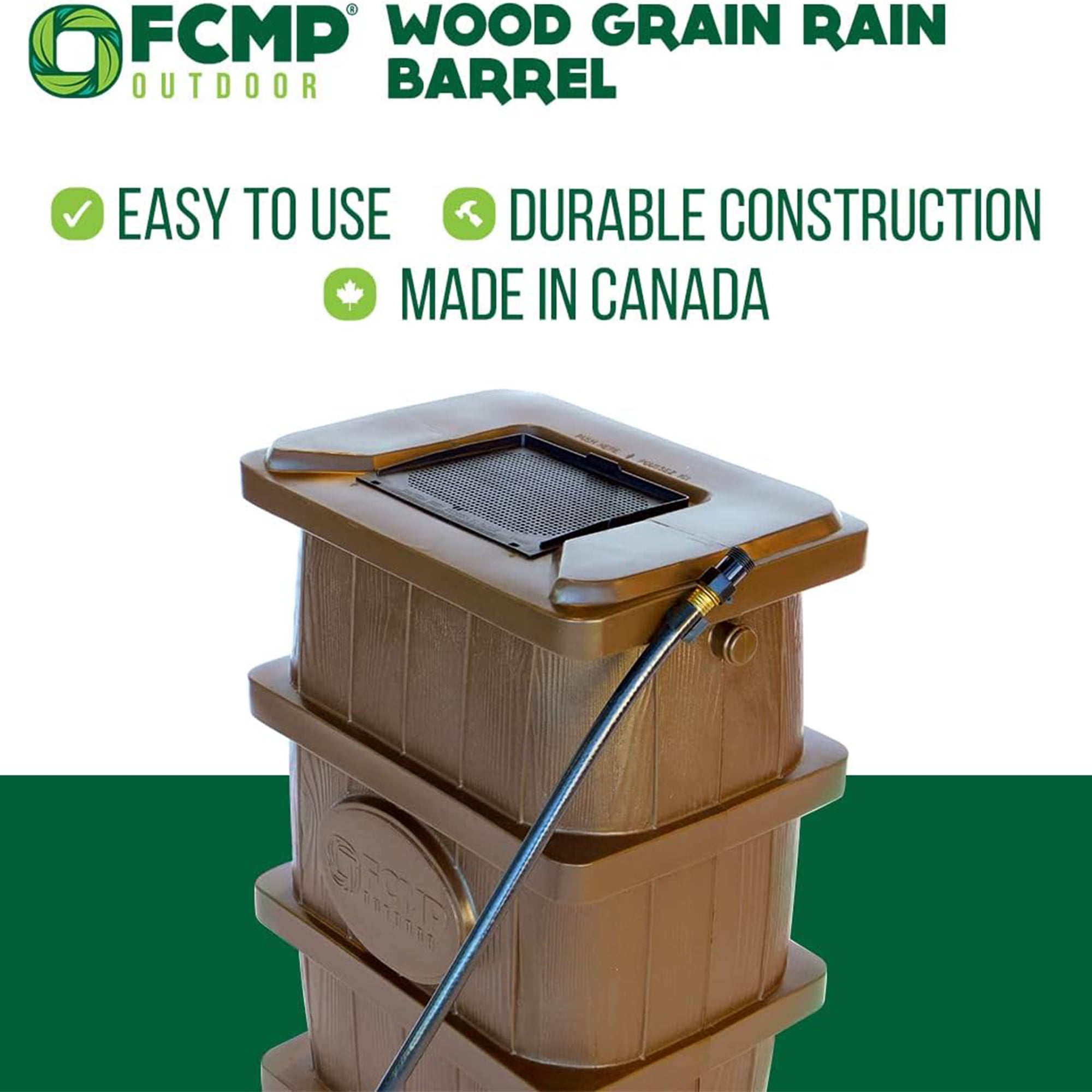 FCMP Outdoor WG4000-GRY Home Outdoor Wood Grain Rain Water Catcher Barrel