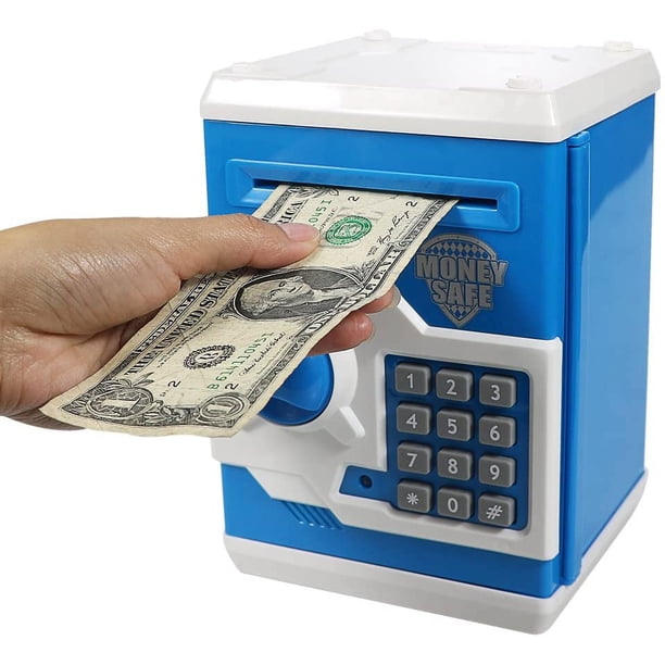 Tarro de dinero electrónico con dispensador automático, mini caja fuerte para cajero automático (azul), juguete de ahorro para niños, regalo de cumpleaños para niños y niñas