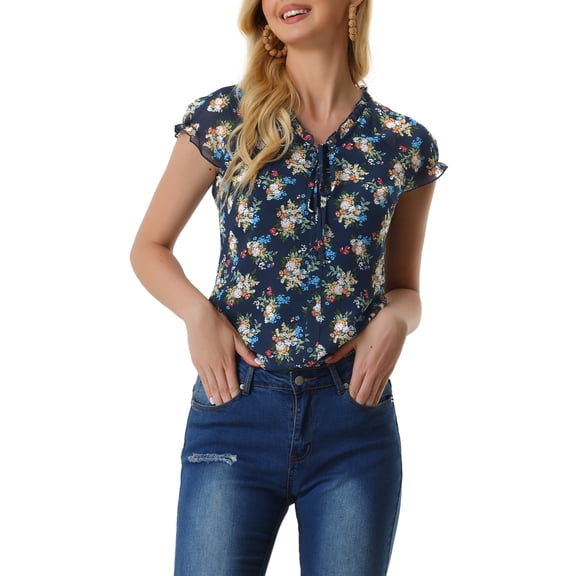 Unique Bargains Women's Ruffle V Neck Cap Sleeve Chiffon Floral Blouse Top M Dark Blue