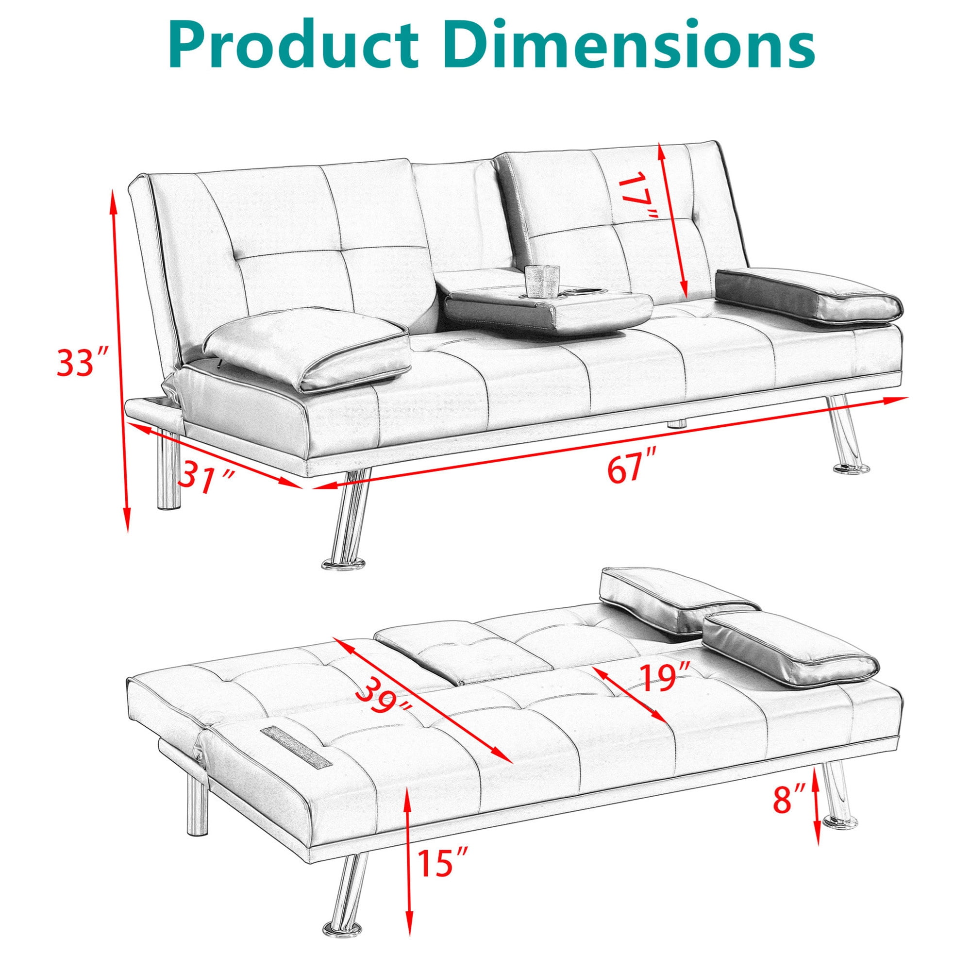 Aukfa Convertible Futon Sofa Bed with Cupholder&Pillow for Home Office Twin Size, Leather, Orange
