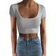 thumbnail image 1 of Top de cuello redondo de punto acanalado gris para mujer, corte ajustado, color puro, estilo elegante para la oficina, talla M, 1 of 4