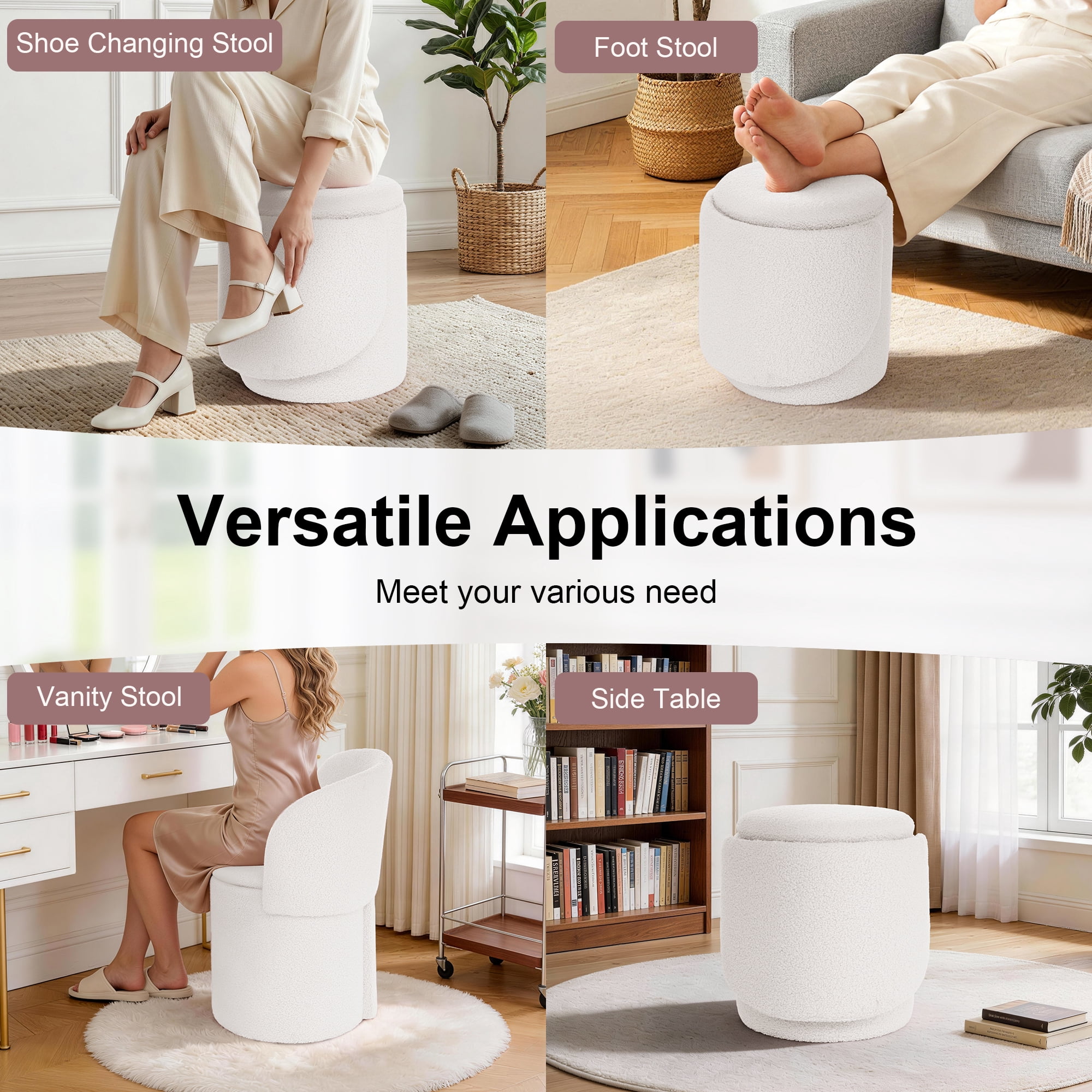 GEEYOO Modern Round Vanity Storage Stool,Sherpa Upholstered Ottoman with Foldable Backrest and Removable Lid,Comfy Makeup Stool for Bedroom Living Room,Beige