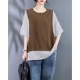 thumbnail image 2 of Women's Half Sleeve Crewneck Stripe Solid Color Patchwork Tee Shirt T-Shirt Tops GA2630 Coffee, 2 of 5