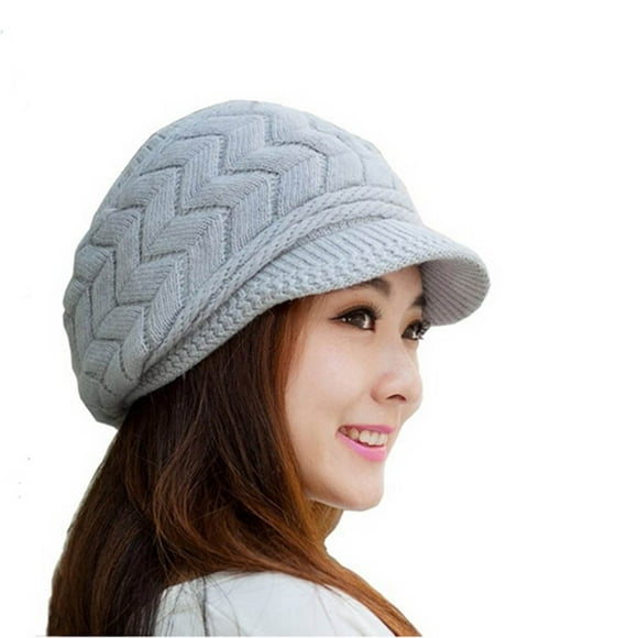 Gorro de esquí de nieve de lana de invierno cálido para mujer con visera (gris)