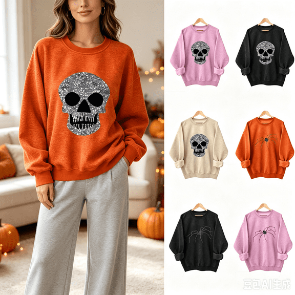 Sokhug Pullover Sweatshirt for Womens Long Sleeve Halloween Casual Tops Round Neck Graphic Print Shirts Fall Halloween Holiday Daily Outfit Sweatshirt Tops