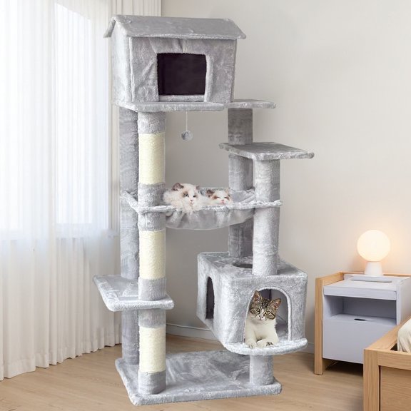 ZephyPaws 64'' Large Cat Tree for Indoor Cats, Multi-Level Cat Tower with Sisal Scratching Posts, Plush Condo, Cozy Hammock & Dangling Toys for Large Adult Cats,Tall Cat Climbing Furniture,Light Grey