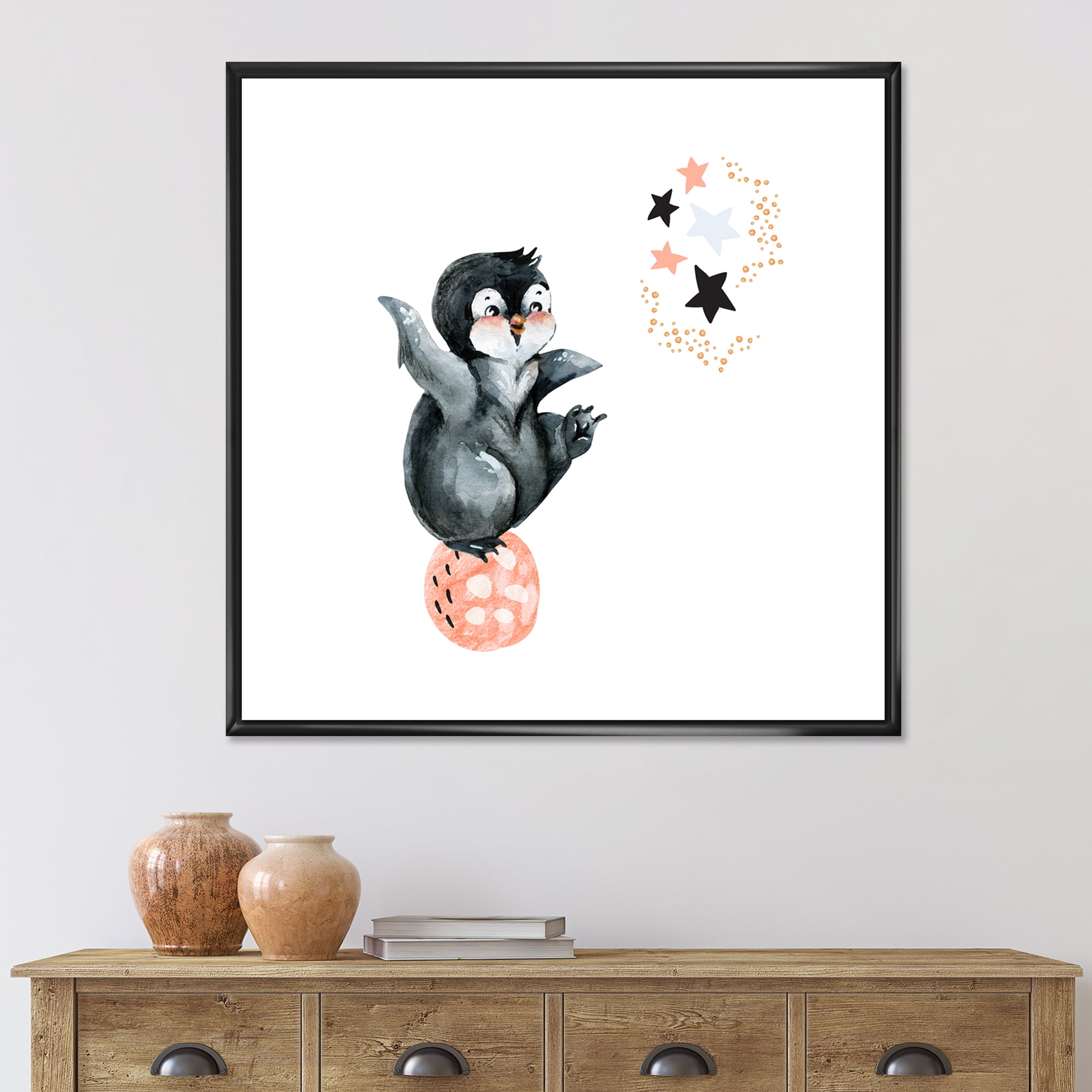 Designart 'Little Penguin With Planets and Stars II' Farmhouse Framed Canvas Wall Art Print
