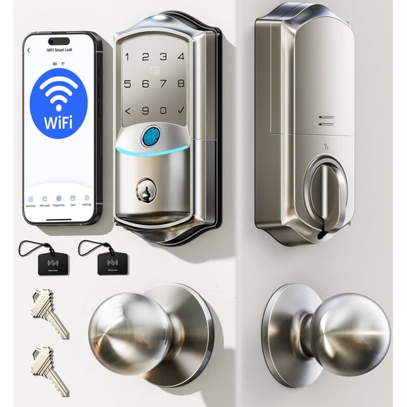 Veise VE027-K WiFi Smart Deadbolt Locks with 2 Knobs Set, Satin Nickel | Built-in Wi-Fi, 0.2s Fingerprint, App Remote Control, Works with Alexa, Backlit Touchscreen, IP65 Waterproof, for Front Door