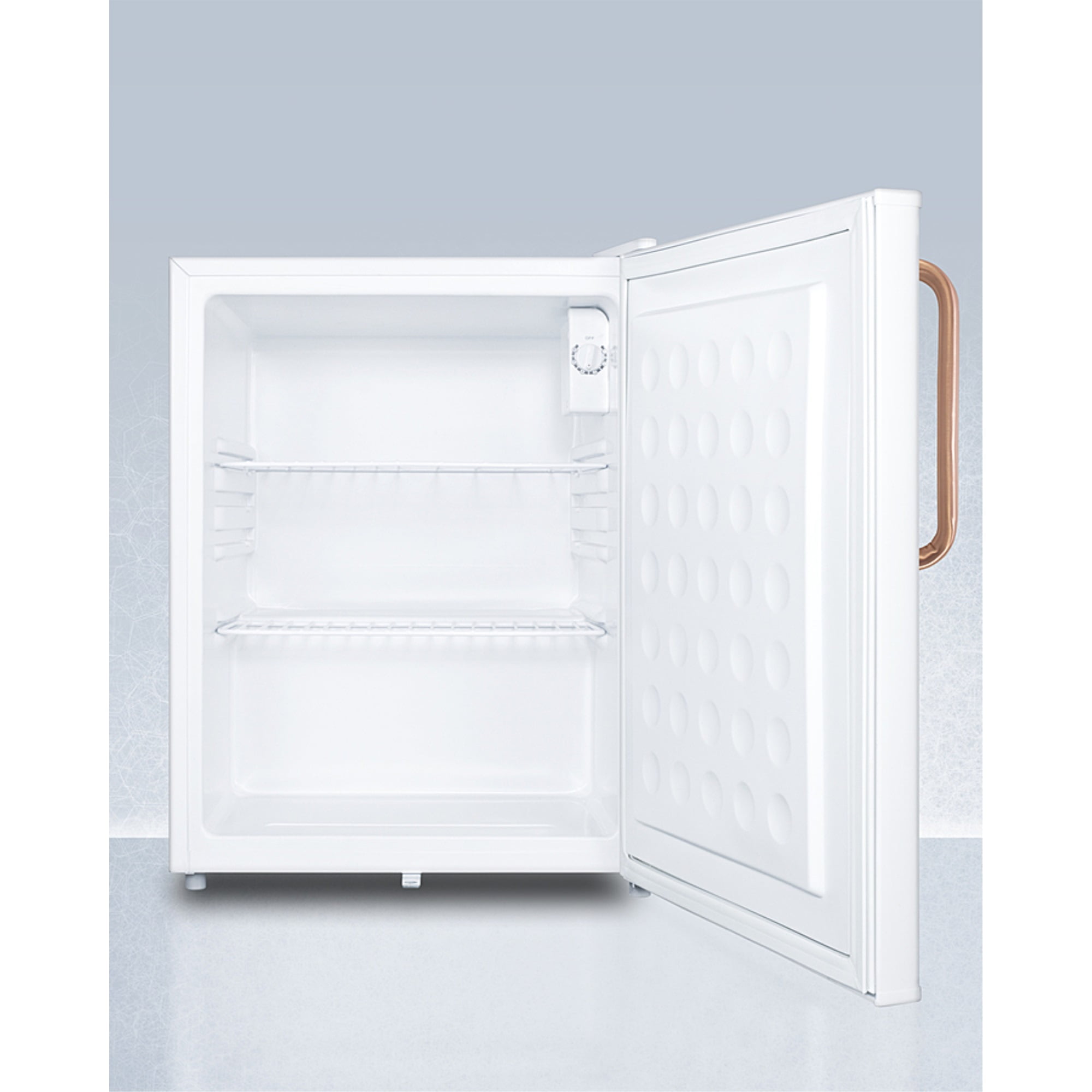 Compact all-refrigerator with automatic defrost, front-mounted lock, copper handle, and white finish