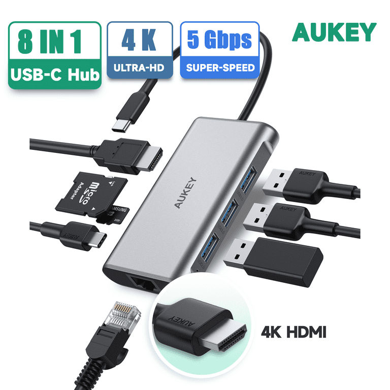 AUKEY Docking Station, USB C Adapter Hub 8-in-1 with 4K HDMI, Gigabit  Ethernet Port, Silver Grey-C91