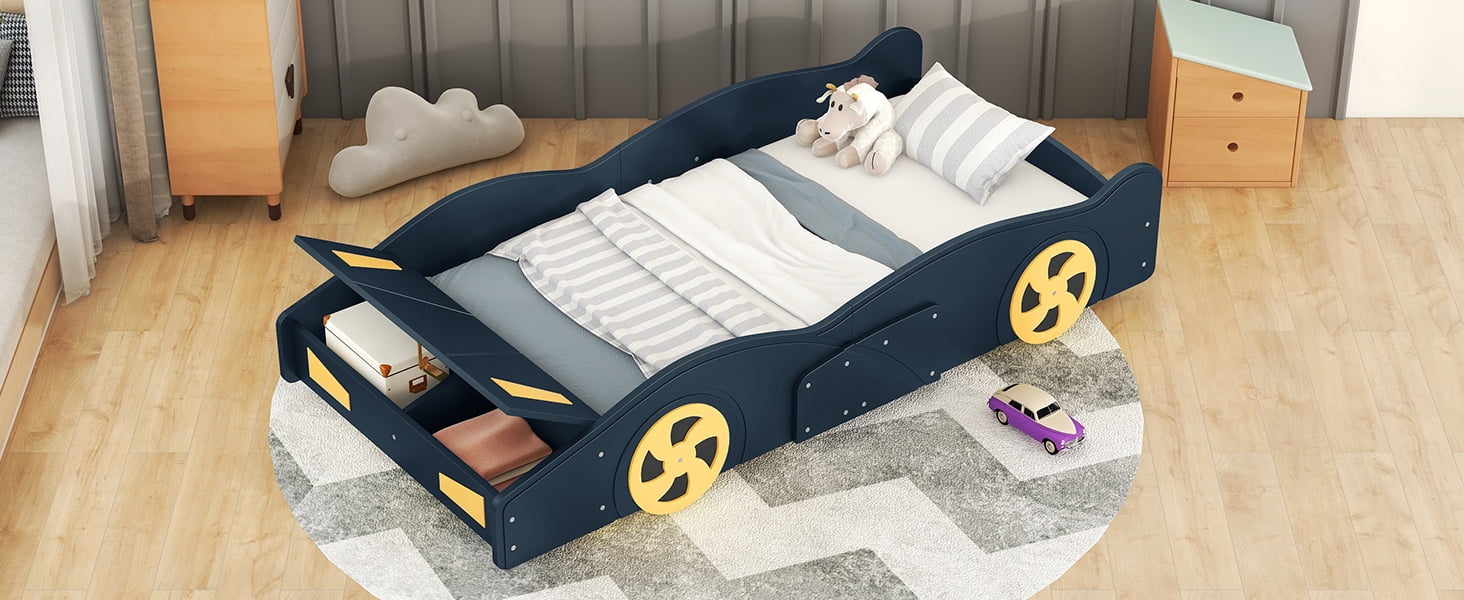 Twin Size Platform Bed with Wheels and Storage, Dark Blue+Yellow