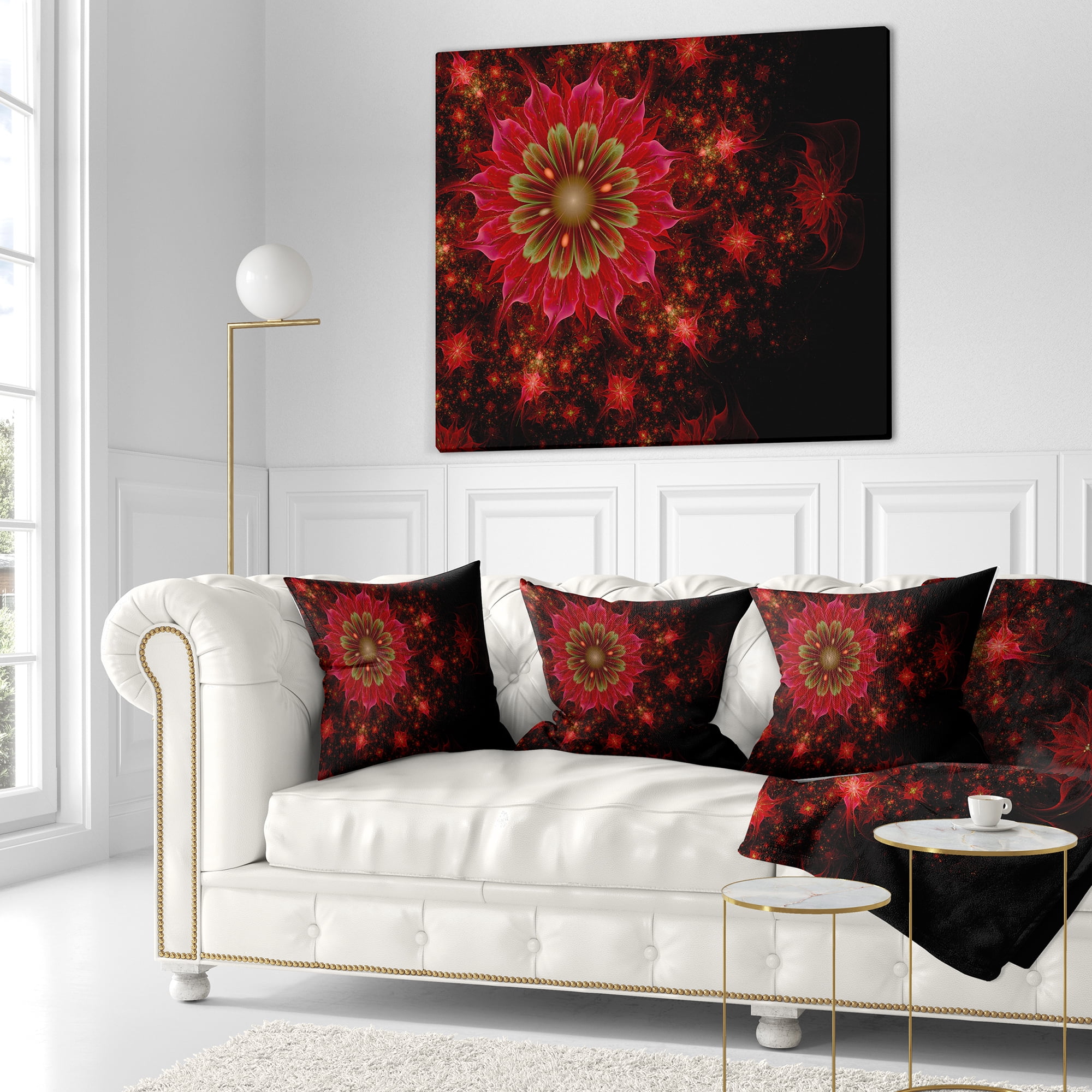 Designart Dark Red and Light Green Fractal Flowers - Abstract Throw Pillow - 16x16